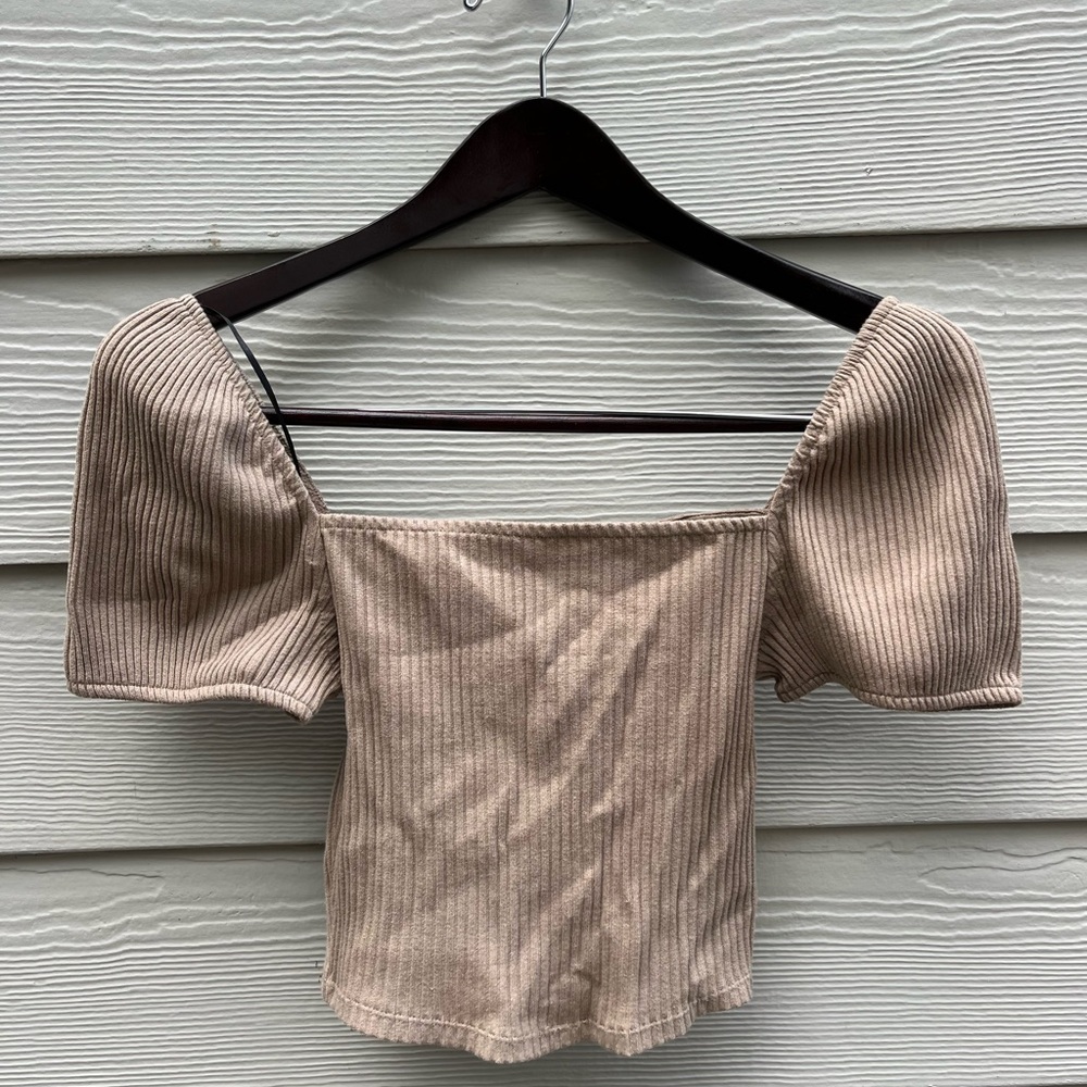 Womens Square Neck Puff Sleeve Ribbed Top - Beige